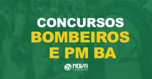 Grupo de policiais militares em formação com texto sobre a imagem Concursos Bombeiros e PM BA