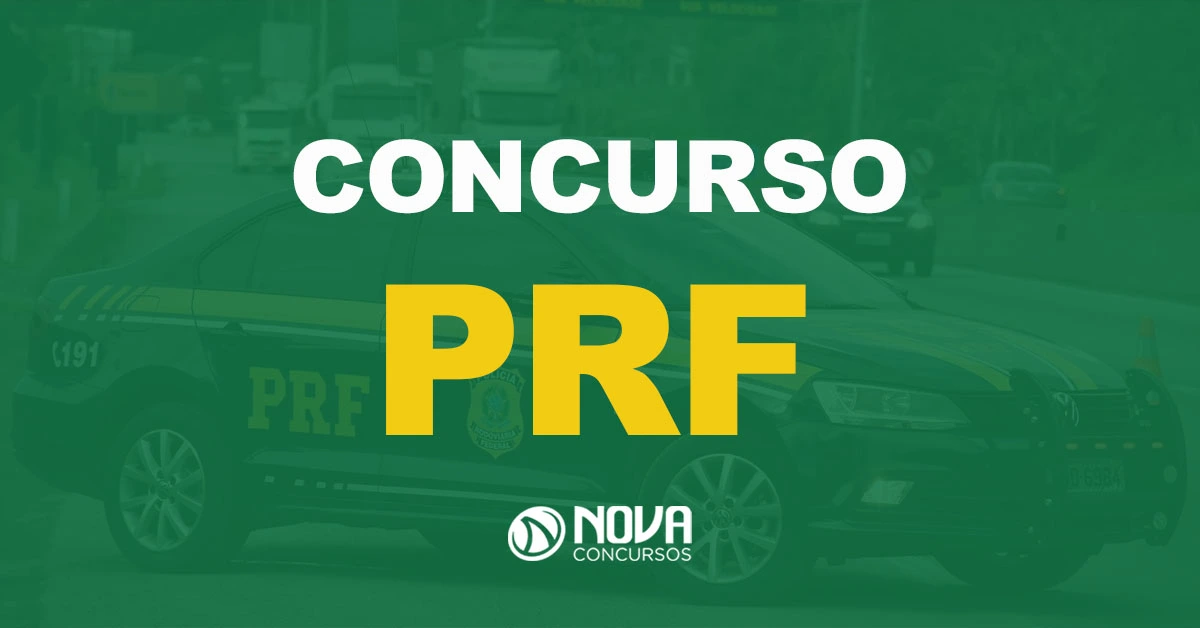 Carro da polícia rodoviária federal na estrada com carros com texto sobre a imagem Concurso PRF