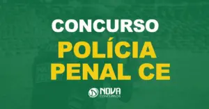 Oficial de polícia penal apontando para um alvo com texto sobre a imagem Concurso Polícia Penal CE