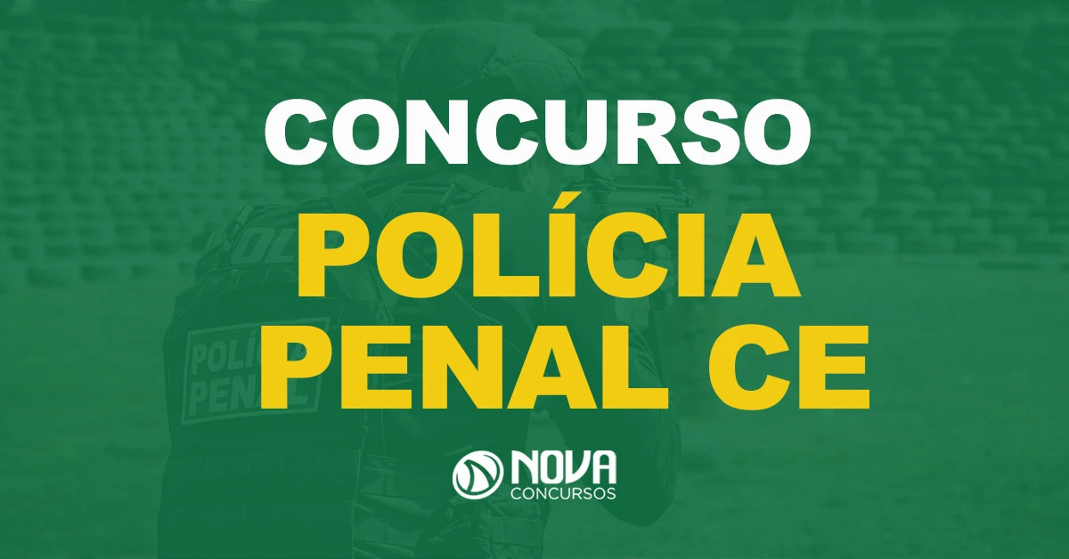 Oficial de polícia penal apontando para um alvo com texto sobre a imagem Concurso Polícia Penal CE