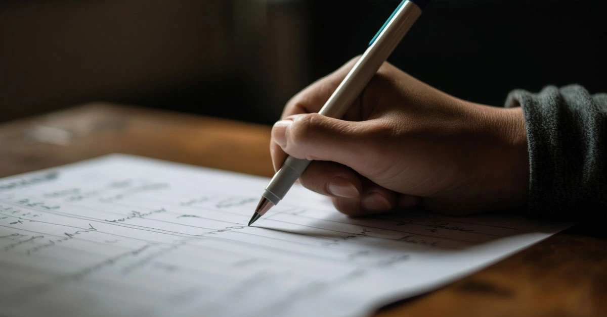 Pessoa escrevendo em um papel com uma caneta, focando em um esboço de projeto arquitetônico