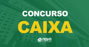 Uma das agências da Caixa com uma mulher caminhando em frente com texto sobre a imagem Concurso Caixa