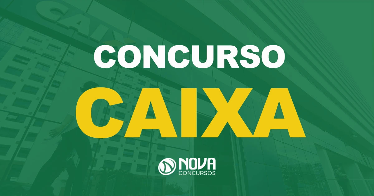 Uma das agências da Caixa com uma mulher caminhando em frente com texto sobre a imagem Concurso Caixa