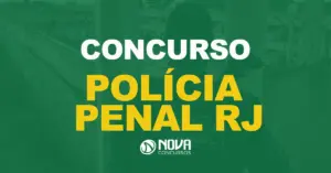 Policial Penal na guarita de uma penitenciária, de costas e armado com texto sobre a imagem concurso Polícia Penal RJ