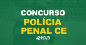 Oficial de polícia penal apontando para um alvo com texto sobre a imagem Concurso Polícia Penal CE