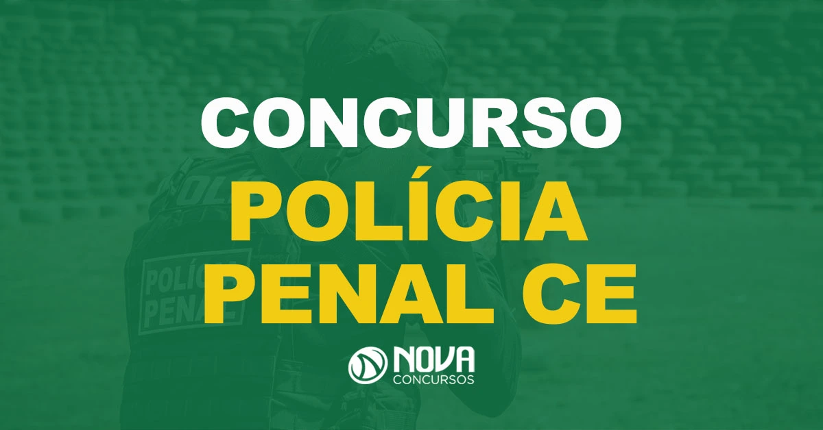 Oficial de polícia penal apontando para um alvo com texto sobre a imagem Concurso Polícia Penal CE