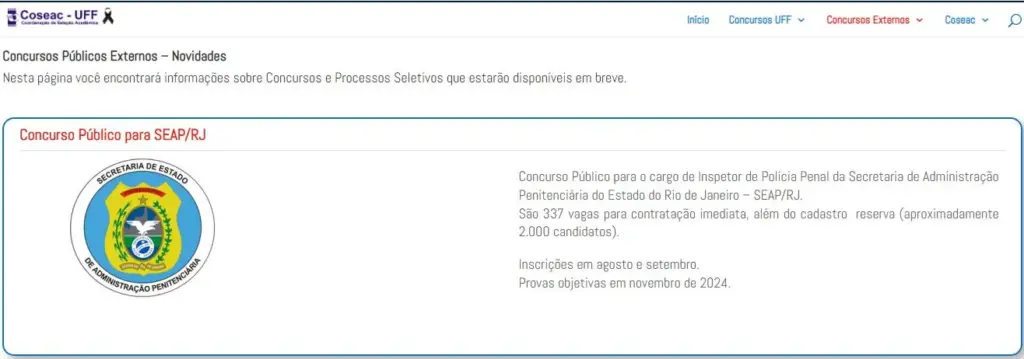 Página do site Coseac UFF sobre o concurso Polícia Penal RJ