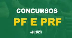 Policiais em pé na frente com equipamentos de segurança e armas visíveis com texto sobre a imagem Concursos PR e PRF