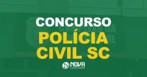 Fachada de um prédio da Polícia Civil SC, com uma placa grande na frente e texto sobre a imagem Concurso Polícia Civil SC