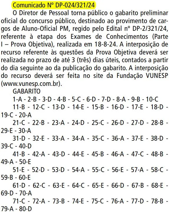 Comunidado e divulgação do gabarito preliminar da prova objetiva para Oficial da PM SP