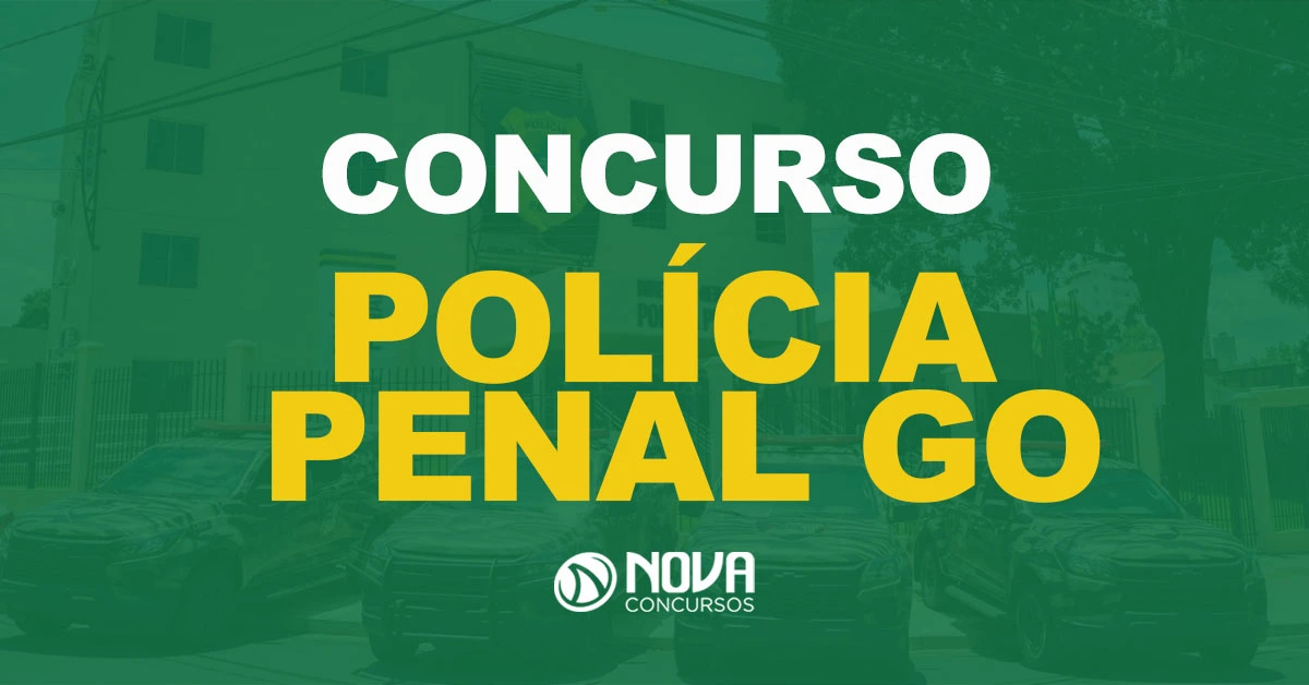 Fachada da diretoria geral de Polícia Penal com viaturas em frente com texto sobre a imagem Concurso Polícia Penal GO