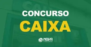 Fachada de uma agência bancária da Caixa Econômica Federal com texto sobre a imagem Concurso Caixa