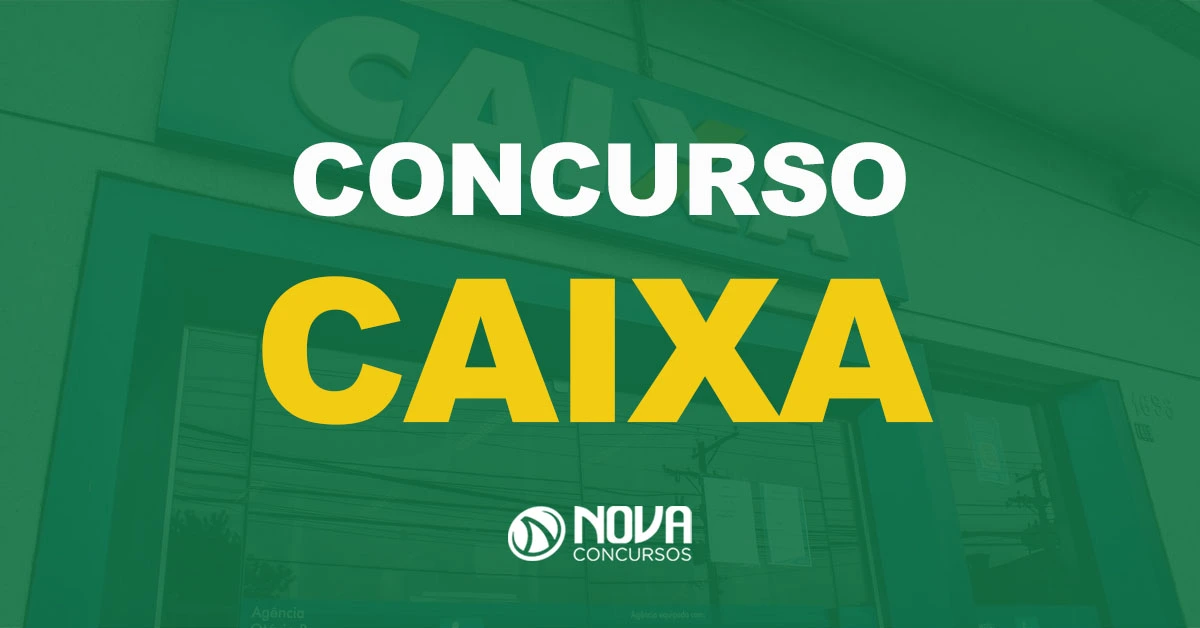 Fachada de uma agência bancária da Caixa Econômica Federal com texto sobre a imagem Concurso Caixa