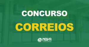 Fachada de uma agência dos Correios com texto sobre a imagem escrito Concurso Correios