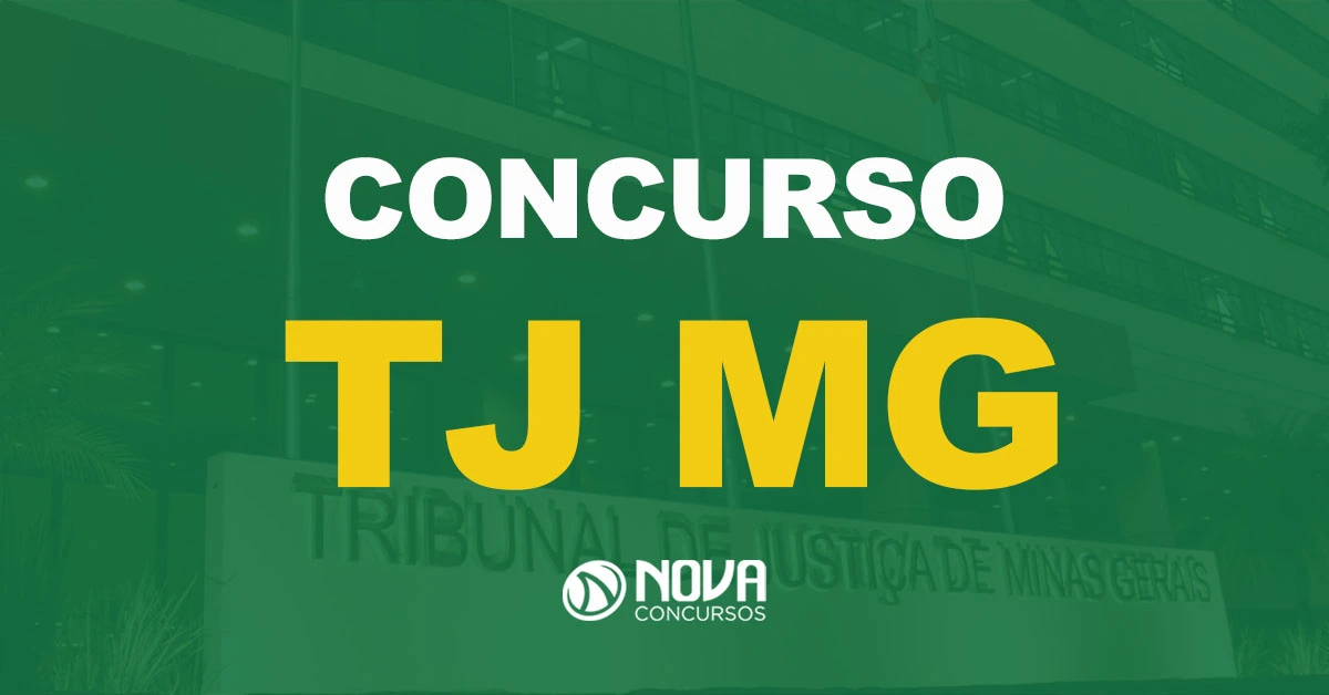 Fachada do Tribunal de Justiça de Minas Gerais com texto sobre a imagem Concurso TJ MG