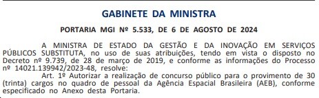 Portaria que autoriza o concurso AEB, publicado no Diário Oficial da União.