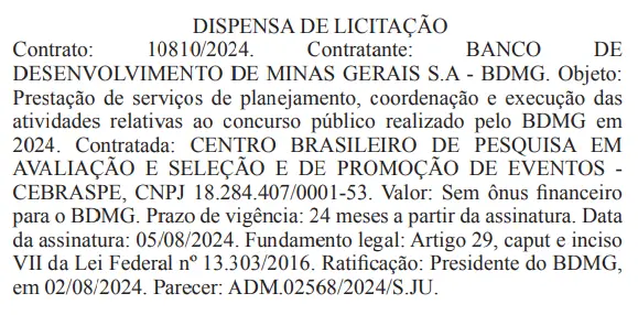 Cebraspe é a banca do concurso BDMG. 