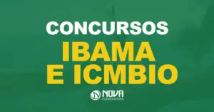 Duas mãos segurando uma planta jovem na terra com texto sobre a imagem escrito Concursos Ibama e ICMBio