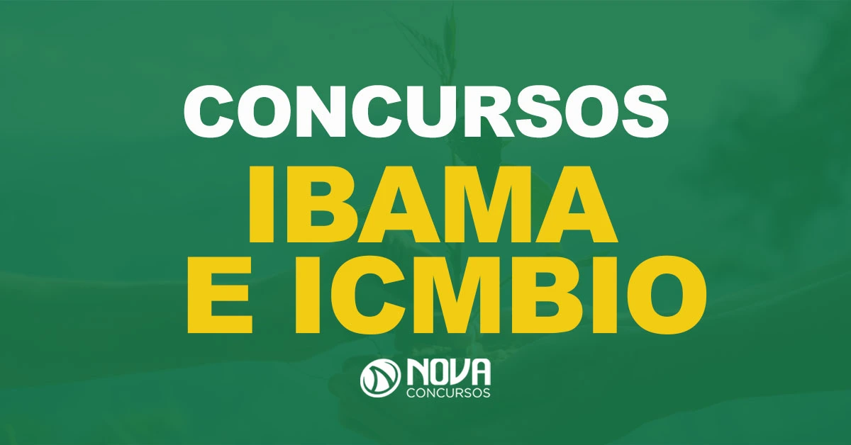 Duas mãos segurando uma planta jovem na terra com texto sobre a imagem escrito Concursos Ibama e ICMBio