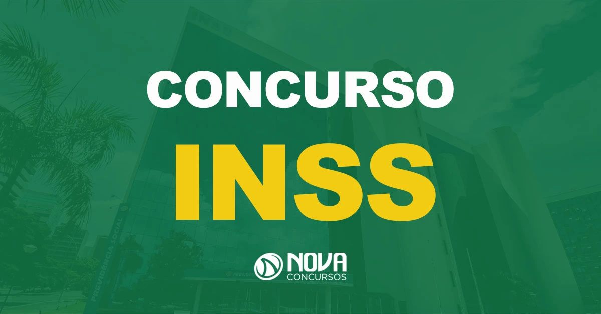 Fachada da sede do Instituto Nacional do Seguro Social com texto sobre a imagem escrito Concurso INSS