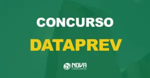 Fachada da Empresa de Tecnologia e Informações da Previdência com texto sobre a imagem escrito Concurso Dataprev