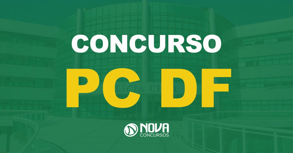 Prédio da PCDF com fachada de vidro verde e estrutura metálica com texto sobre a imagem Concurso PCDF