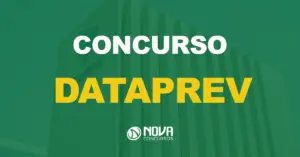 Fachada da Empresa de Tecnologia e Informações da Previdência com texto sobre a imagem escrito Concurso Dataprev