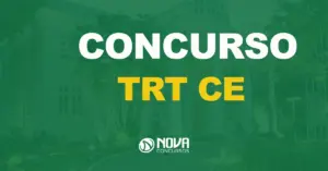 Fundo verde concurso TRT CE com fachada do Tribunal. Gabarito da prova de Técnico e Analista.