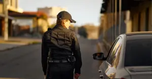 Mulher em uniforme de guarda caminhando pela rua, realizando patrulha e monitorando possíveis infrações de trânsito.Mulher em uniforme de guarda caminhando pela rua, realizando patrulha e monitorando possíveis infrações de trânsito.