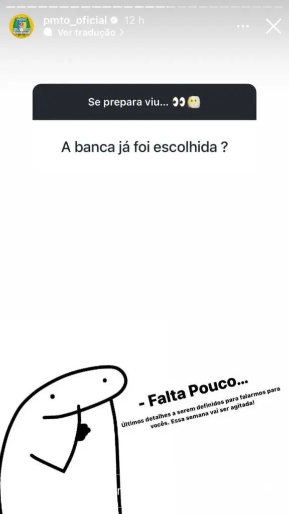 Publicação da PM TO sobre a banca do concurso.