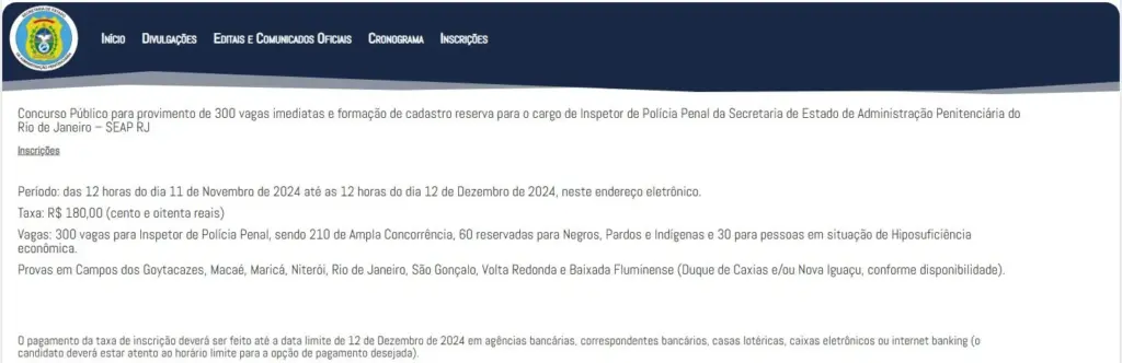 Tela de inscrição do site da banca COSEAC/UFF do concurso Polícia Penal RJ. 