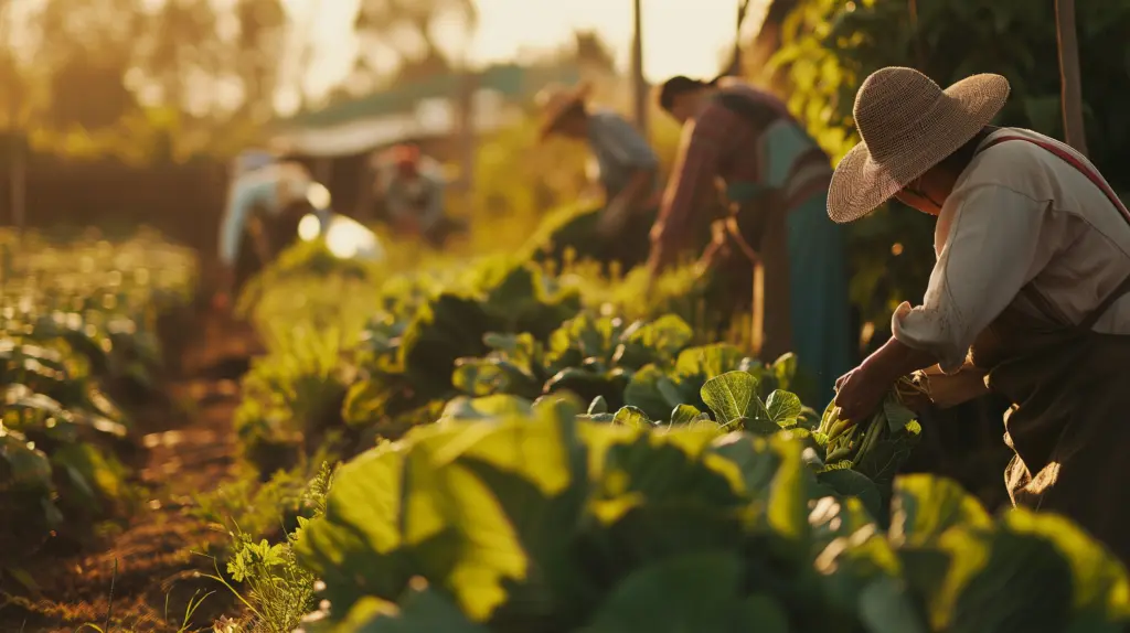 pessoas que trabalham na embrapa colhendo verduras em plantação 