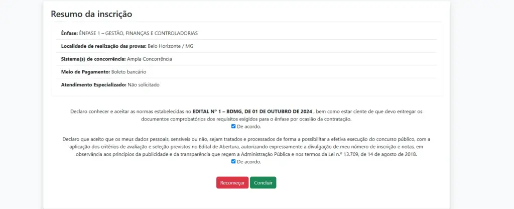 11º passo para a inscrição do concurso BDMG.