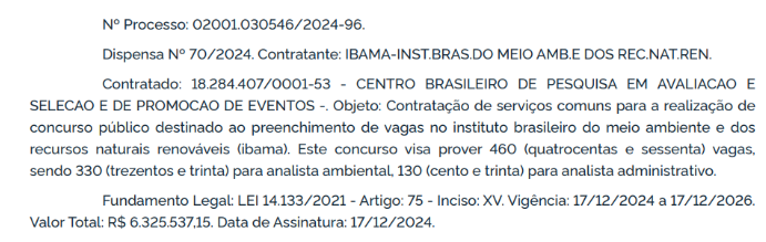 Concurso Ibama tem extrato de contrato com a banca Cebraspe publicado.