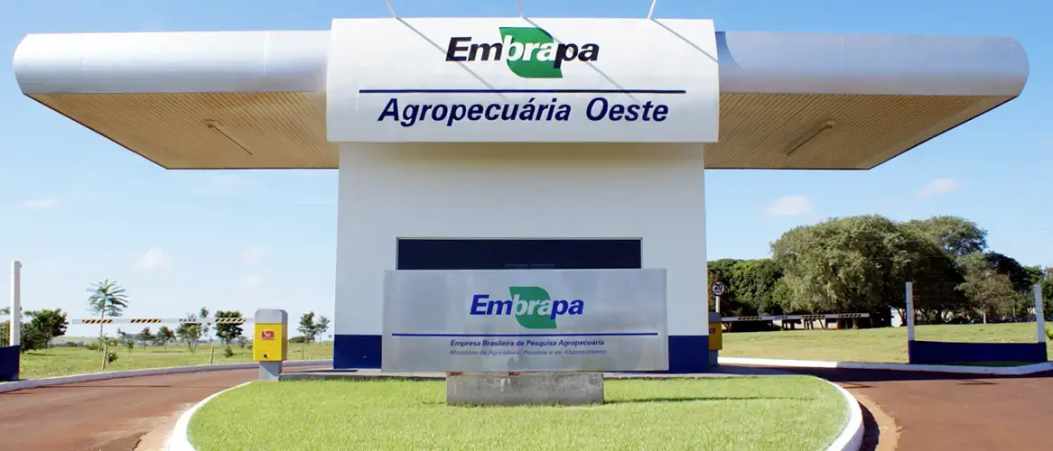 Entrada do Embrapa com um gramado na frente em um dia ensolarado.