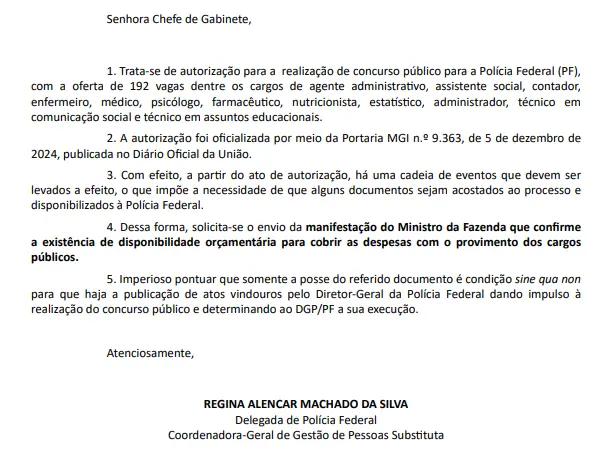 Pedido de confirmação de recursos orçamentários para o Concurso PF Administrativo.