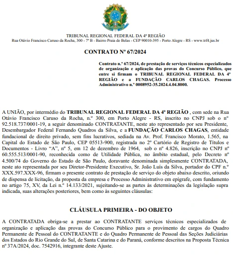 Contrato de contratação de banca do Concurso TRF4.
