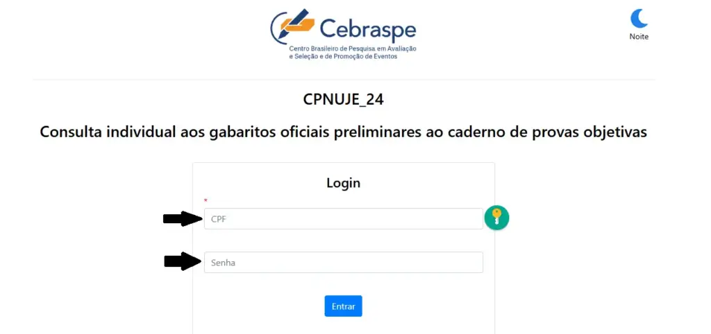 Tela do site Cebraspe para a consulta individual dos gabaritos oficiais preliminares da prova objetiva do Concurso  TSE Unificado.