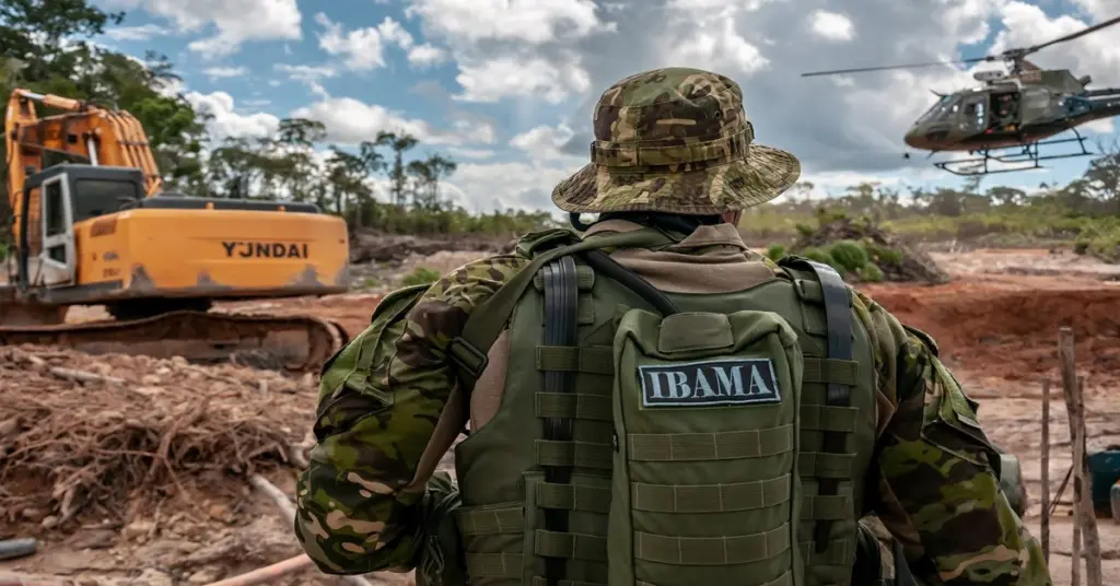 Agente do Ibama em meio a operação, com maquinário ao fundo e helicóptero / concurso ibama 2025