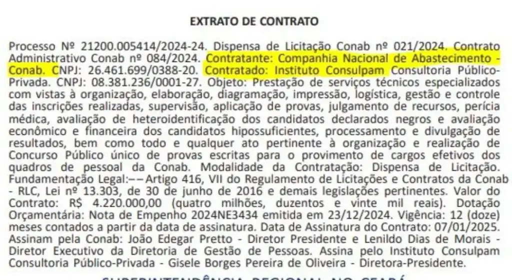 Extrato do contrato concurso Conab