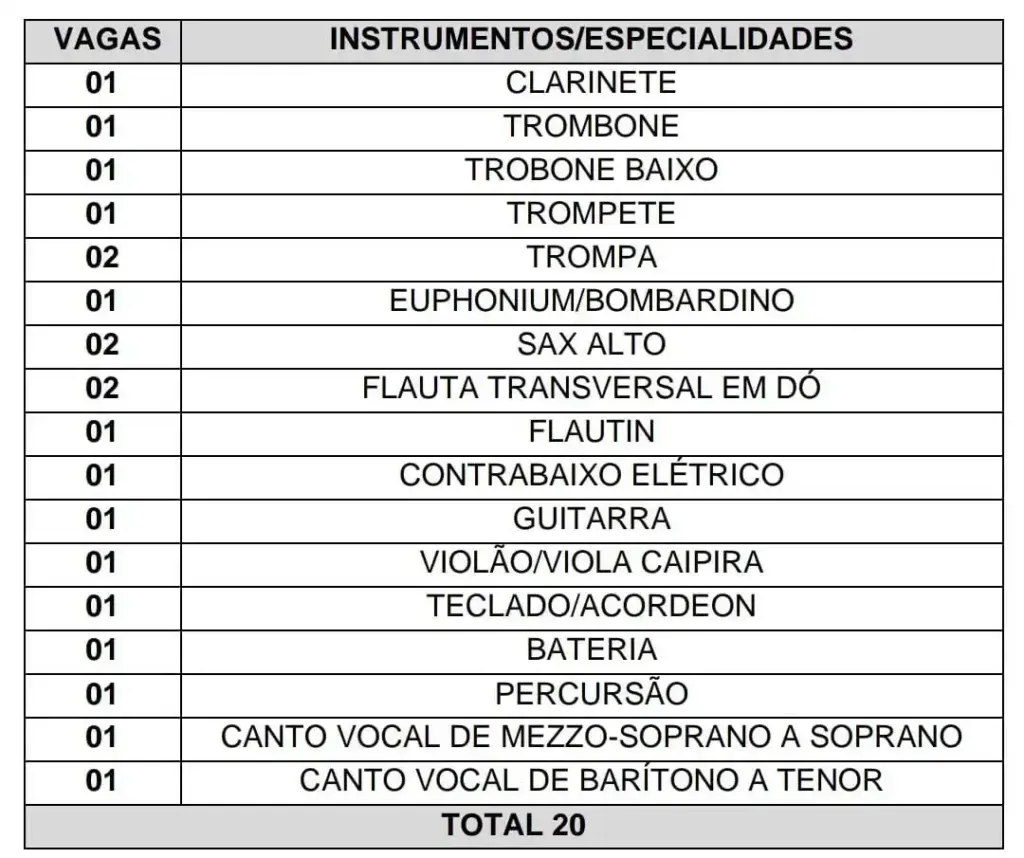 Concurso PM TO: distribuição das vagas para o cargo de Soldados Especialistas/Música.