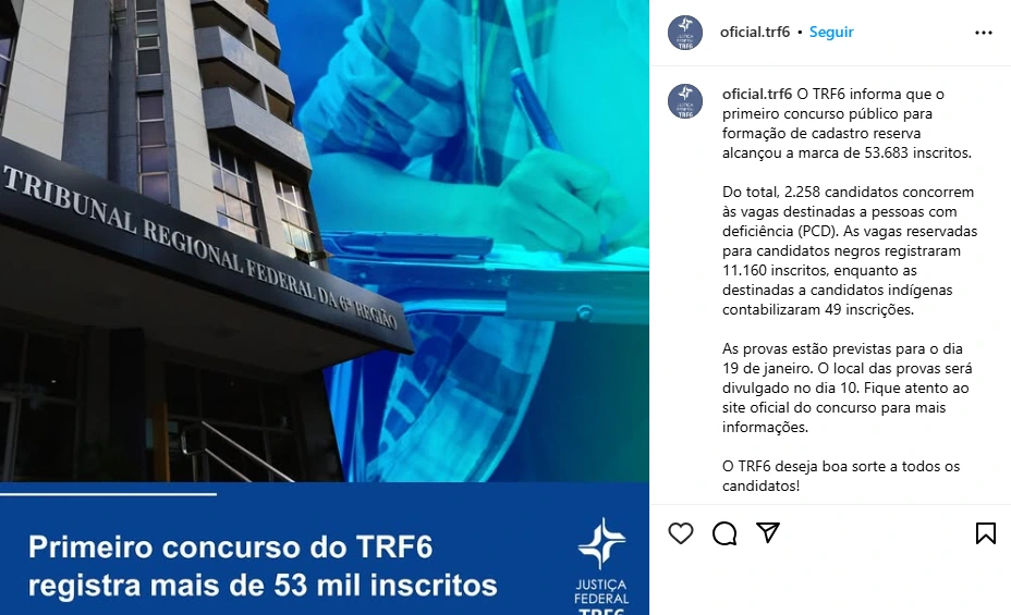 Publicação sobre os inscritos no Concurso TRF6.