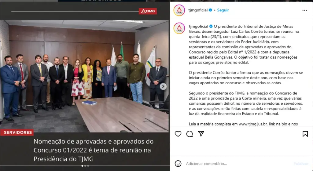 Publicação sobre a reunião de aprovados no Concurso TJMG.