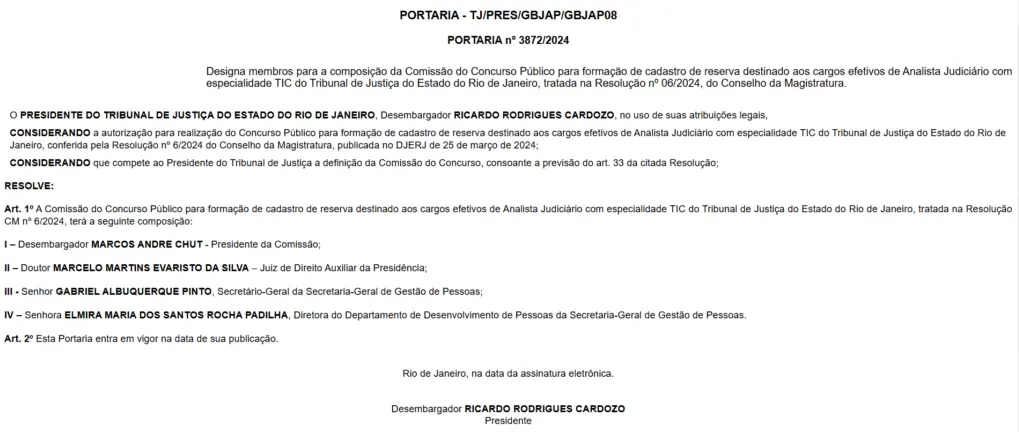 Extrato do contrato da banca do Concurso TJ RJ.