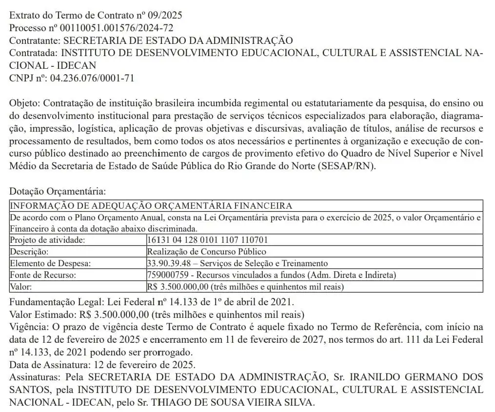 Extrato do termo de contrato concurso Sesap RN