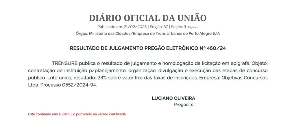 Publicação no DOU acerca do resultado do pregão que definiu a banca do concurso Trensurb RS