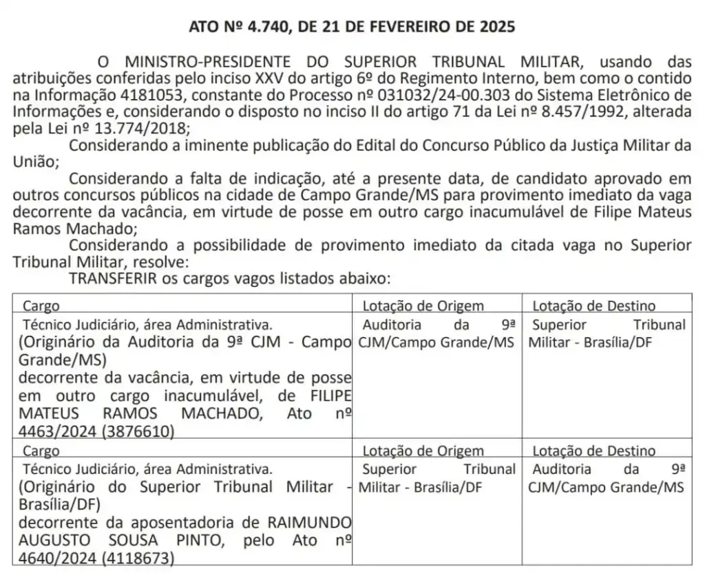 Ato normativo nº 4.740 que antecede a abertura do edital do concurso STM