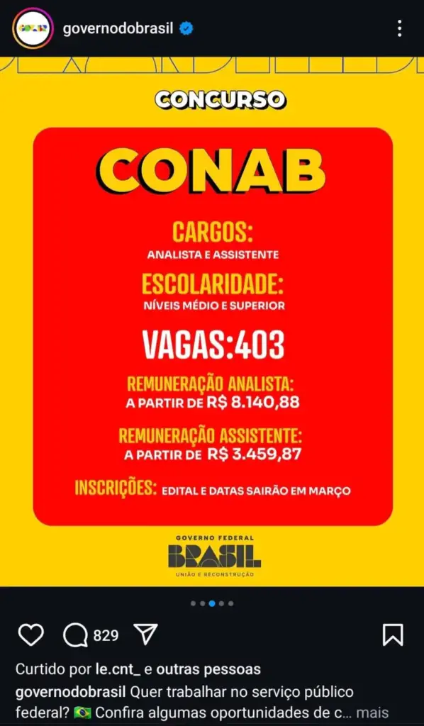 Divulgação do concurso Conab nas redes sociais do Governo Federal