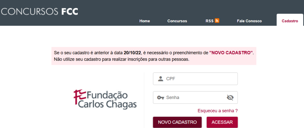 Print do site da banca organizadora sobre o concurso TRT RJ.