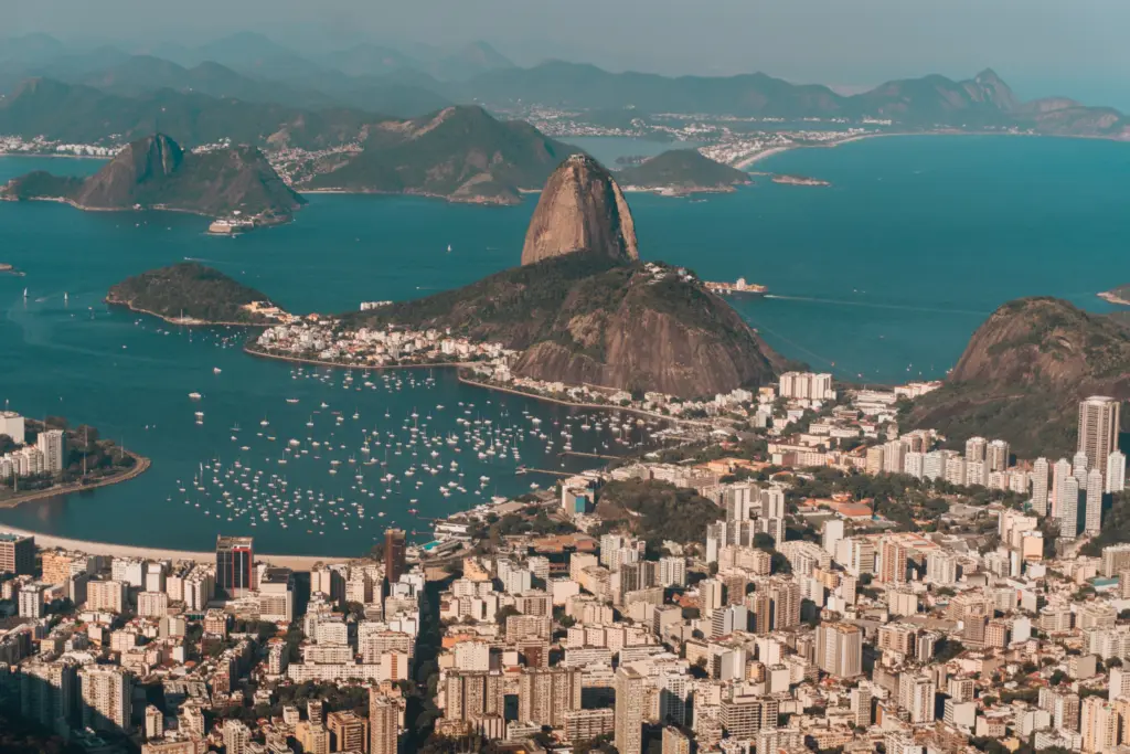 aerial photo rio de janeiro surrounded by sea hills sunlight brazil